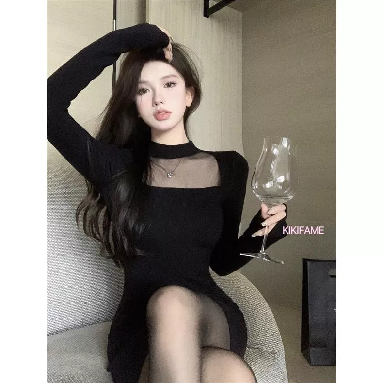 🔥美 法式心機性感網紗拼接長袖洋裝 透膚洋裝 性感洋裝 圓領洋裝 包臀洋裝 黑色洋裝 網紗洋裝 針織洋裝 針織連身裙