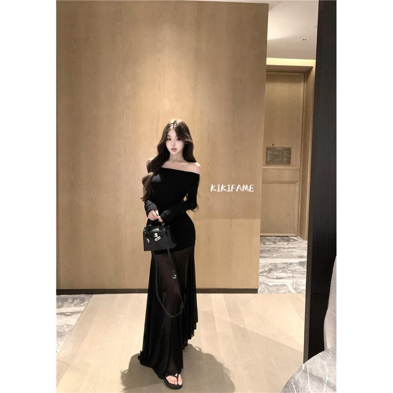 【KIKIFAME】🖤三色 純欲曲線感網紗拼接一字領洋裝 長洋裝 收腰洋裝 A字洋裝 網紗洋裝 長袖洋裝 透膚洋裝 長裙