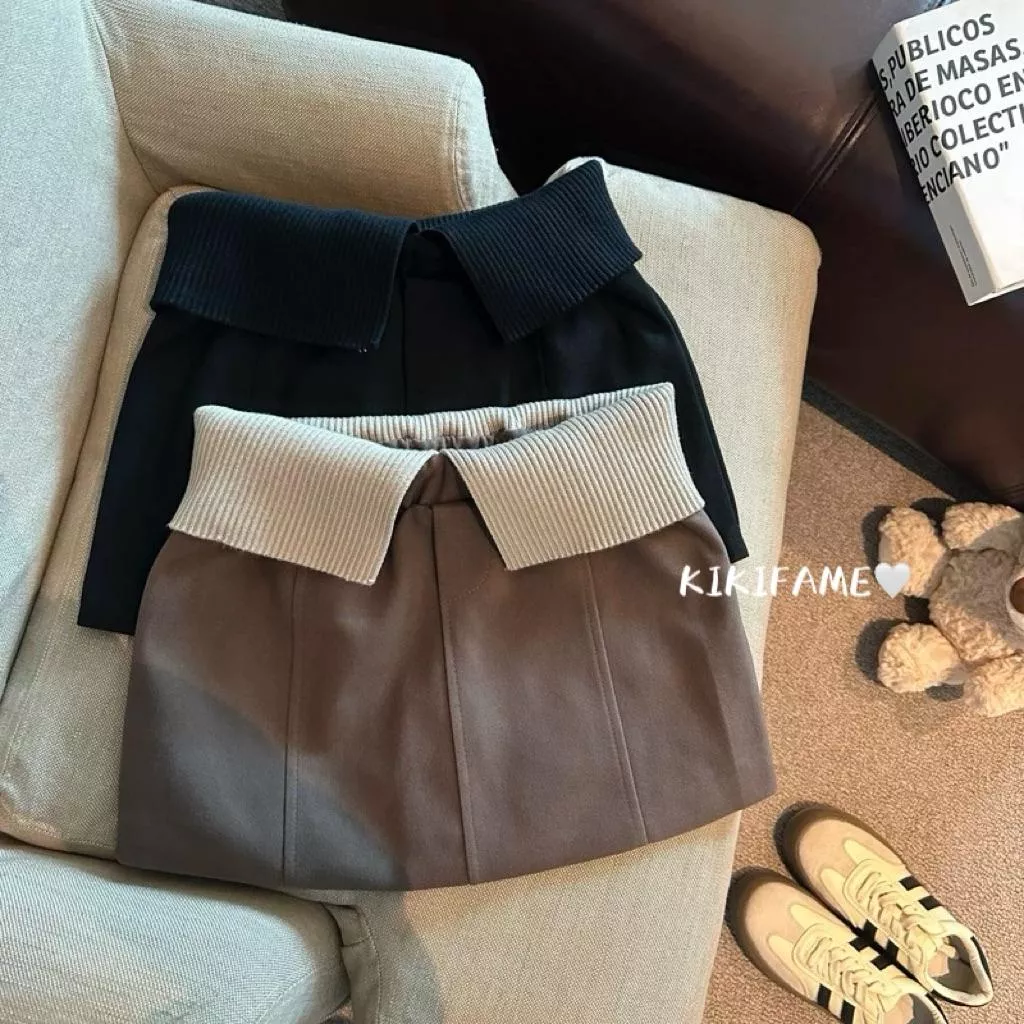 【𝐊𝐈𝐊𝐈𝐅𝐀𝐌𝐄】🤎𝒄𝒉𝒊𝒄.顏質系！②色 質感撞色翻邊A字短裙 半身裙 高腰裙 百搭短裙 撞色短裙 A字裙 防走光裙