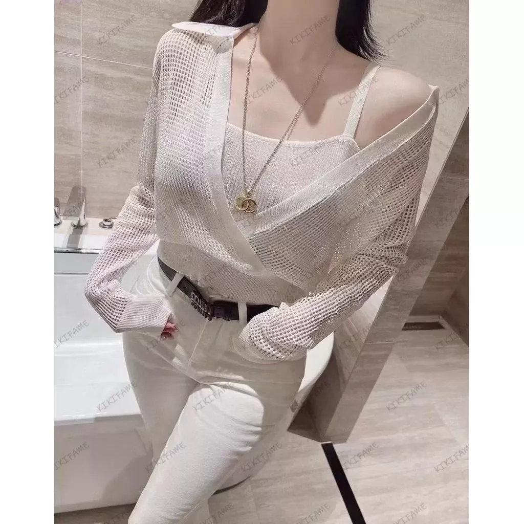 【𝐊𝐈𝐊𝐈𝐅𝐀𝐌𝐄】⭐️𝗢𝗻𝗻𝗶 𝗹𝘂𝘃. ④色 韓妞溫柔翻領鏤空假兩件上衣 針織上衣 鏤空針織衫 長袖針織 拼接上衣