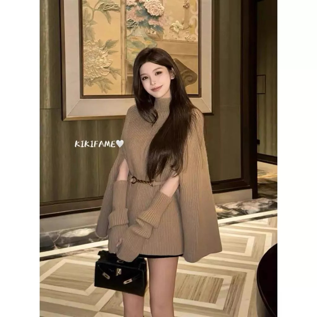 【𝐊𝐈𝐊𝐈𝐅𝐀𝐌𝐄】🤎𝑮𝒓𝒂𝒄𝒆～千金姐姐 ⑤色 優雅氣質半高領針織斗篷 針織上衣 針織披肩 斗篷上衣 毛衣 不規則上衣