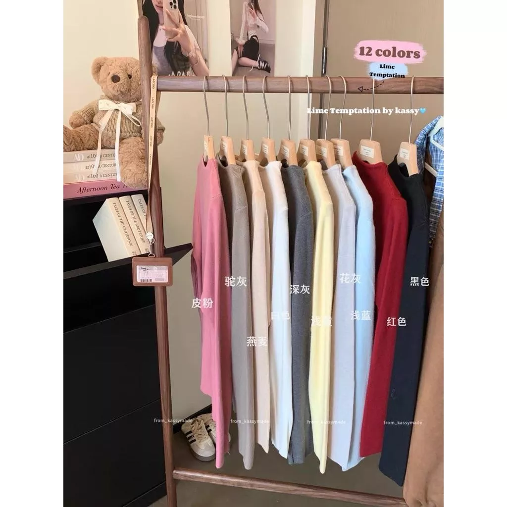 【𝐊𝐈𝐊𝐈𝐅𝐀𝐌𝐄】🦄打底神器♡𝟏𝟐色. 軟糯糯半高領長袖針織衫 針織上衣 素色上衣 長袖T 百搭上衣 打底衫 彈性上衣
