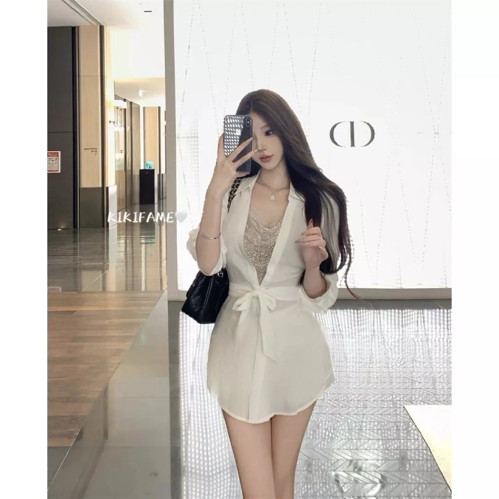 【𝐊𝐈𝐊𝐈𝐅𝐀𝐌𝐄】🍸精緻姐姐✨𝐵𝑙𝑖𝑛𝑔珠光片拼接翻領綁帶襯衫 白色襯衫 收腰襯衫 長袖襯衫 中長版襯衫 假兩件襯衫