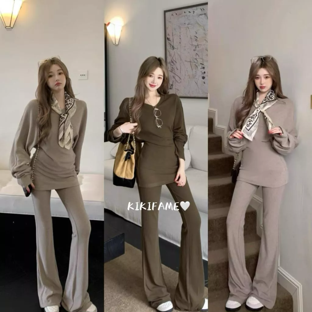 【𝐊𝐈𝐊𝐈𝐅𝐀𝐌𝐄】🌟簡約至上！V領收腰中長版上衣 微喇長褲 收腰上衣 長袖T恤 長袖上衣 休閒長褲 喇叭褲 兩件套