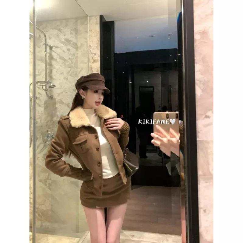 【𝐊𝐈𝐊𝐈𝐅𝐀𝐌𝐄】🧋美拉德𝑔𝒾𝓇𝓁！超好看毛毛領排扣長袖外套 包臀裙 翻領外套 毛領外套 立領排扣外套 短裙 兩件套