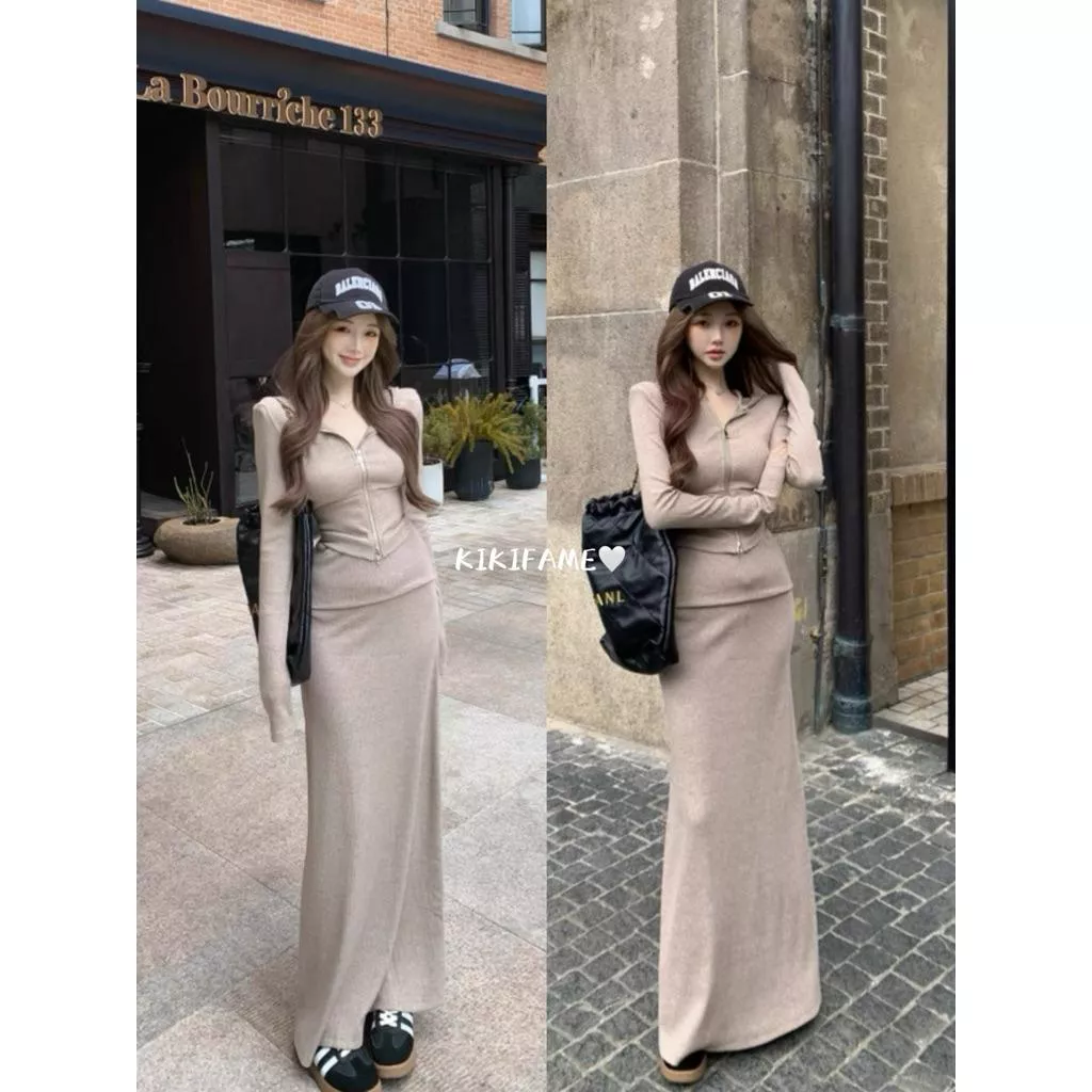 【𝐊𝐈𝐊𝐈𝐅𝐀𝐌𝐄】🍩𝑪𝒉𝒊𝒍𝒍！愛上慵懶～燕麥色雙拉鏈連帽外套 半身裙 衛衣外套 拉鏈外套 休閒外套 包臀裙 兩件套