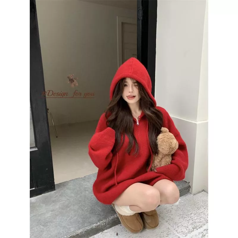 🤍美 慵懶顯白寬鬆紅色連帽毛衣 長袖毛衣 中長版毛衣 長袖針織 針織上衣 寬鬆毛衣 休閒毛衣 紅色毛衣 顯瘦 聖誕節