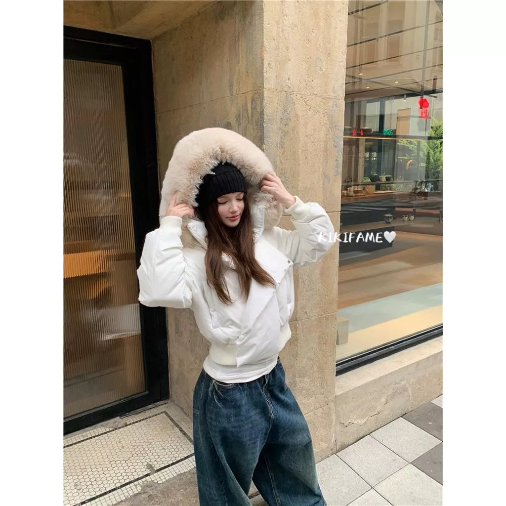 【𝐊𝐈𝐊𝐈𝐅𝐀𝐌𝐄】🥤美式酷帥～𝓬𝓱𝓲𝓬！撞色大毛領連帽棉服外套 麵包外套 短版拉鏈外套 保暖外套 毛領外套 連帽外套