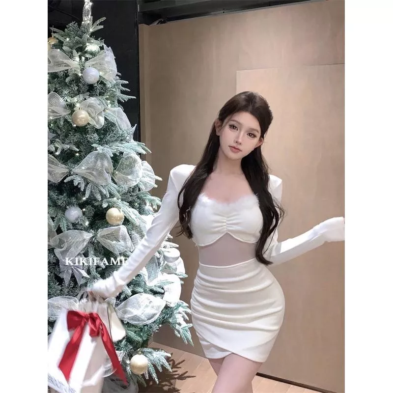 KIKIFAME🤍純欲氛圍感·毛毛拼接網紗透膚長袖洋裝 包臀洋裝 連身裙 收腰洋裝 透視洋裝 性感洋裝 毛毛洋裝 短裙