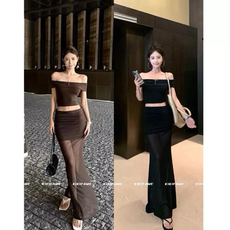 【𝗞𝗜𝗞𝗜𝗙𝗔𝗠𝗘】🌟辣妹直接衝.ᐟ.ᐟ高級性感一字領短袖上衣 網紗拼接半身裙 露肩上衣 短袖T恤 網紗包臀裙 兩件套