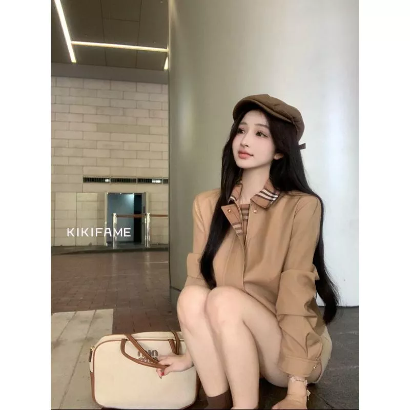 現貨🔗KIKIFAME🤍質感高級系·卡其色格紋拼接翻領長袖外套 高腰短褲 拼接外套 假兩件外套 夾克 格子外套 格紋外套