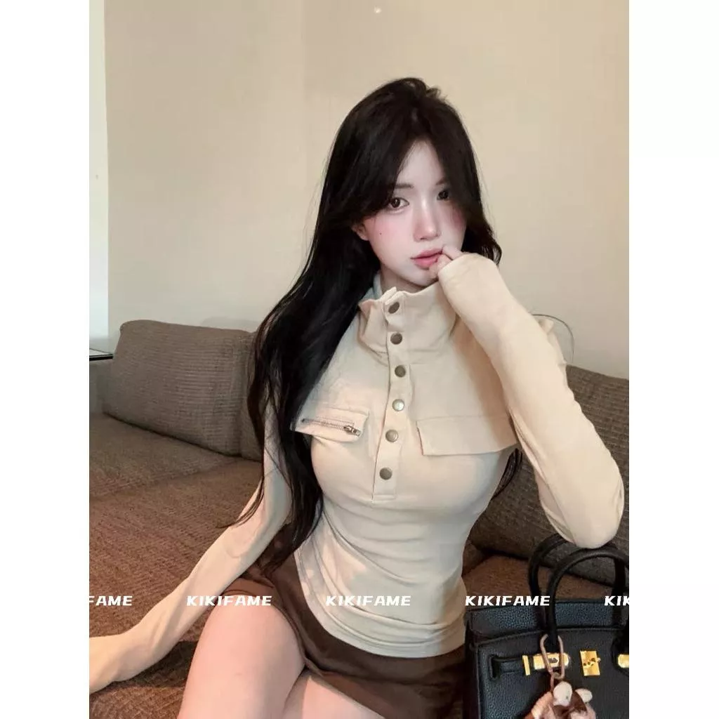 【𝐊𝐈𝐊𝐈𝐅𝐀𝐌𝐄】🍫 𝘾𝙝𝙞𝙡𝙡 𝙡𝙤𝙤𝙠！③色 酷帥翻領拉鏈口袋排扣上衣 長袖上衣 翻領上衣 長袖T恤 合身打底衫