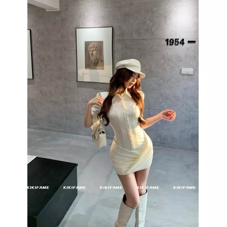 【𝗞𝗜𝗞𝗜𝗙𝗔𝗠𝗘】🎂今天好美膩.ᐟ.ᐟ姐系質感翻領排扣包臀洋裝 長袖洋裝 襯衫洋裝 連身裙 學院風 襯衫裙 抓皺洋裝
