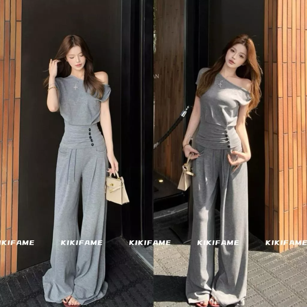 【𝐊𝐈𝐊𝐈𝐅𝐀𝐌𝐄】🩶鬆弛𝓭𝓪𝔂✨慵懶不規則排扣斜肩收腰上衣 休閒長褲 斜肩上衣 短袖T恤 露肩上衣 灰色長褲 兩件套