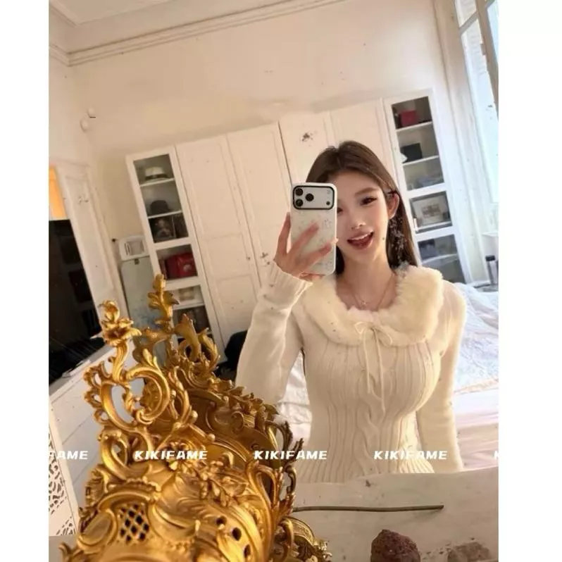 現貨🔗【𝐊𝐈𝐊𝐈𝐅𝐀𝐌𝐄】🎡～芬蘭童話✨🤍氛圍感毛毛領繫帶麻花針織衫 針織上衣 毛領上衣 長袖針織 長袖毛衣 娃娃領