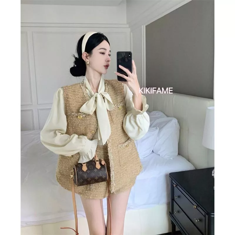 現貨🔗KIKIFAME⭐️兩色 富家小姐姐小香風馬甲背心+高腰短褲 繫帶雪紡襯衫 粗花呢背心 小香風套裝 長袖襯衫