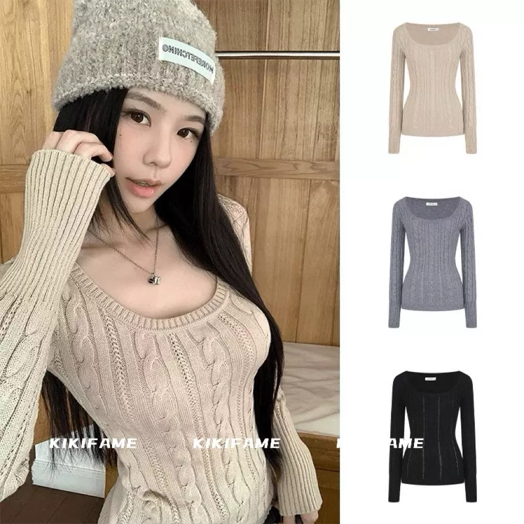 【𝐊𝐈𝐊𝐈𝐅𝐀𝐌𝐄】🧸𝓒𝓱𝓪𝓸美超實穿🫧🫧⑤色 韓妞U領麻花長袖針織衫 針織上衣 長袖打底衫 百搭上衣 合身上衣 毛衣