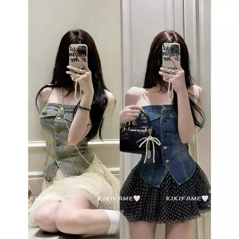 【𝐊𝐈𝐊𝐈𝐅𝐀𝐌𝐄】🦢少女𝘽𝙤𝙗𝙤🩶甜辣字母排扣牛仔上衣 波點網紗裙 牛仔背心 平口上衣 波點裙  A字裙 紗裙 兩件套