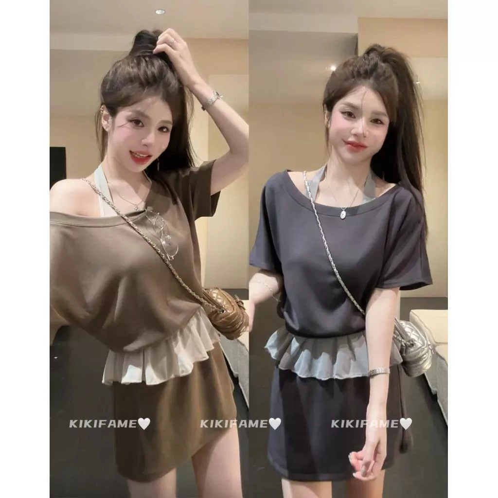 【𝐊𝐈𝐊𝐈𝐅𝐀𝐌𝐄】🍪甜甜𝑶𝒏𝒏𝒊🫧🫧假兩件撞色掛脖露肩上衣+A字短裙套裝 短袖T恤 假兩件上衣 一字領 荷葉邊 兩件套