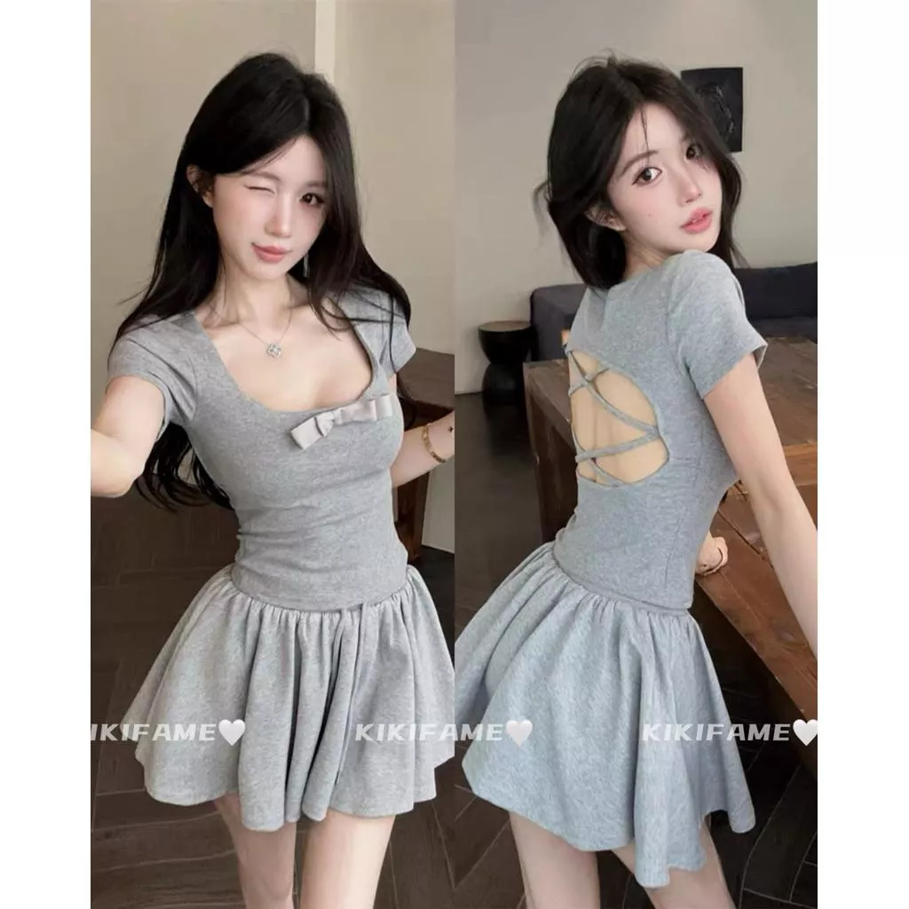 【𝐊𝐈𝐊𝐈𝐅𝐀𝐌𝐄】𝗖𝗵𝘂♡♡～嗲妹心計🐰純蝴蝶結交叉鏤空露背上衣+A字短裙套裝 兩件套 蝴蝶結上衣 美背上衣 短袖T恤