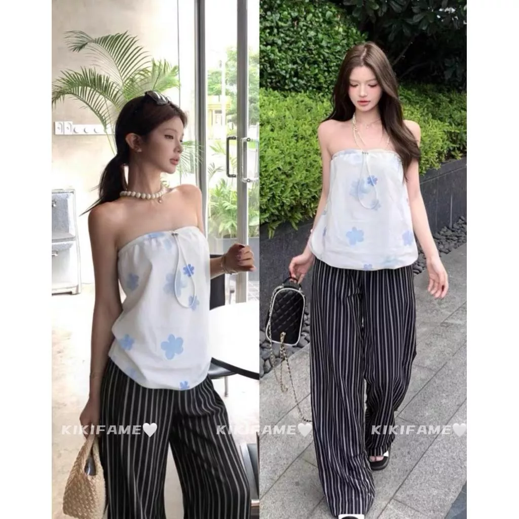 【𝐊𝐈𝐊𝐈𝐅𝐀𝐌𝐄】𝒪𝓍𝓎𝑔𝑒𝓃.🩵☁️☁️氧氣藍.清新花朵印花抽繩平口上衣 條紋長褲 印花上衣 條紋褲 休閒長褲 套裝