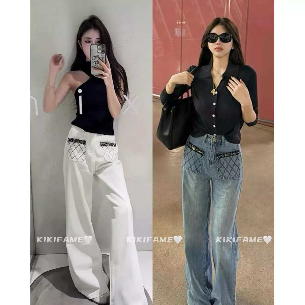 【𝐊𝐈𝐊𝐈𝐅𝐀𝐌𝐄】𝒟𝓇𝑒𝒶𝓂.山茶入夢🩶✨小香風編織菱格紋口袋牛仔長褲  直筒褲 小香風長褲 白色牛仔褲 寬鬆牛仔褲