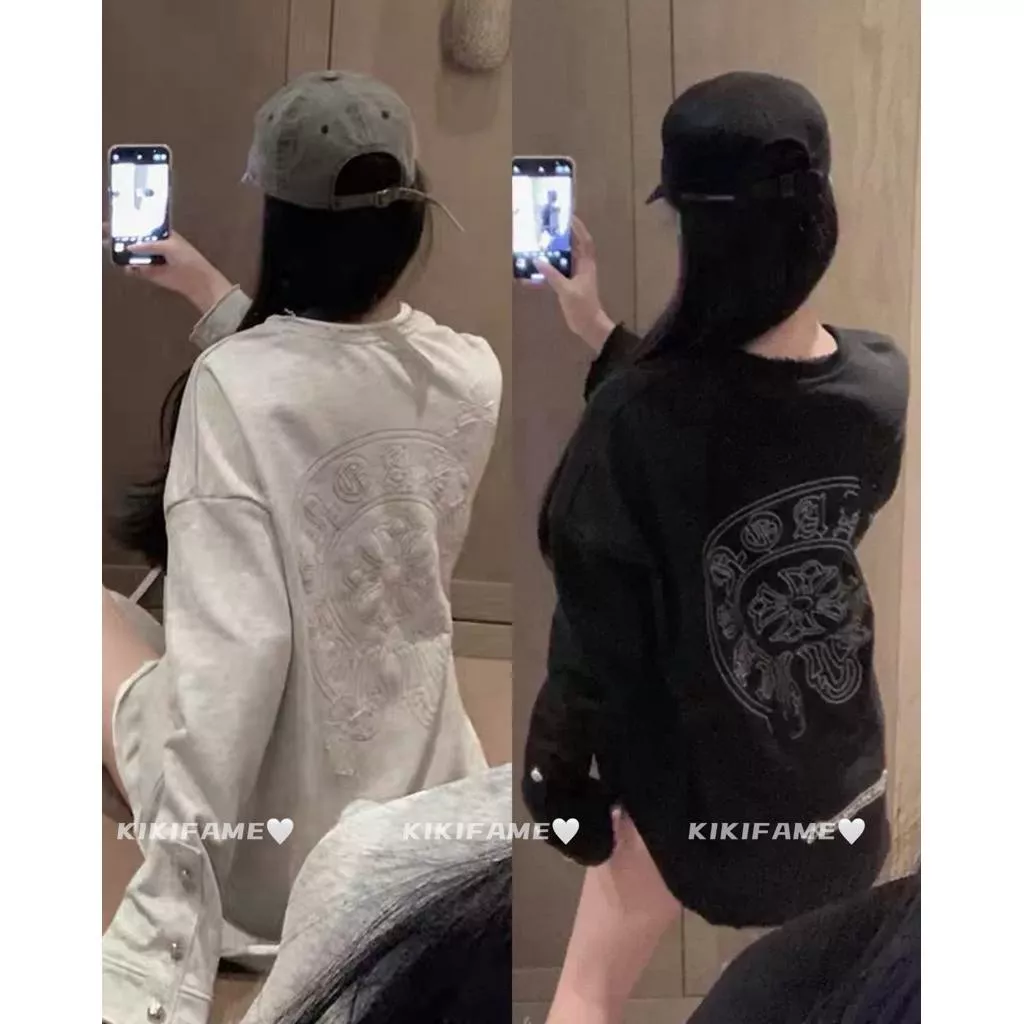 【𝐊𝐈𝐊𝐈𝐅𝐀𝐌𝐄】𝘎𝘰𝘥𝘯𝘦𝘴𝘴✟✟✨🖤🩶高級個性梵文十字架貼布長袖衛衣 長袖T恤 十字架上衣 圓領寬鬆T 中長版上衣