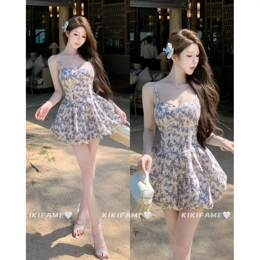 【𝐊𝐈𝐊𝐈𝐅𝐀𝐌𝐄】青花白瓷🦋🫧⛲️中式浪漫蕾絲拼接青花瓷花苞洋裝 蓬蓬洋裝 印花洋裝 吊帶裙 花苞裙 渡假洋裝 連身裙