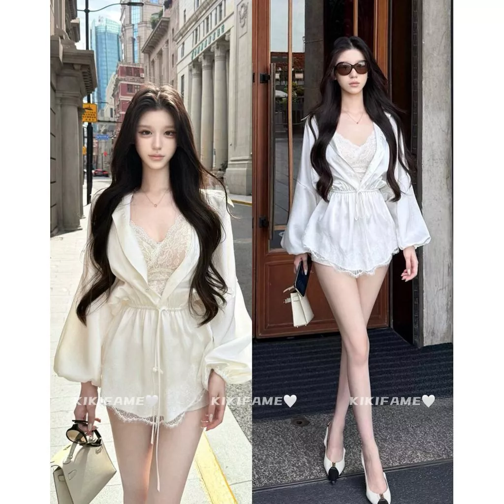 【𝐊𝐈𝐊𝐈𝐅𝐀𝐌𝐄】🕊️千金𝒪𝓃𝓃𝒾.🍸蕾絲拼接收腰緞面襯衫+蕾絲背心 蕾絲襯衫 長袖襯衫 收腰襯衫 白色襯衫 綁帶襯衫