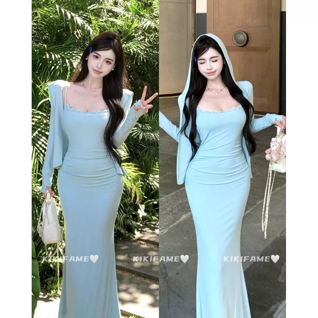 【𝐊𝐈𝐊𝐈𝐅𝐀𝐌𝐄】🧚🏻‍♀️𝐿𝑜𝑣𝑒.夏日薄荷🩵🫧薄荷藍蕾絲拼接吊帶長裙 連帽外套 長洋裝 蕾絲洋裝 包臀洋裝 防曬衫