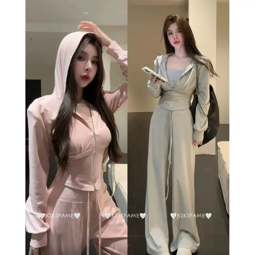 【𝐊𝐈𝐊𝐈𝐅𝐀𝐌𝐄】𝙎𝙥𝙤𝙧𝙩𝙮.甜心🐩💅🫧韓妞慵懶吊帶背心+連帽外套+長褲套裝 三件套 拉鏈外套 短版外套 休閒長褲