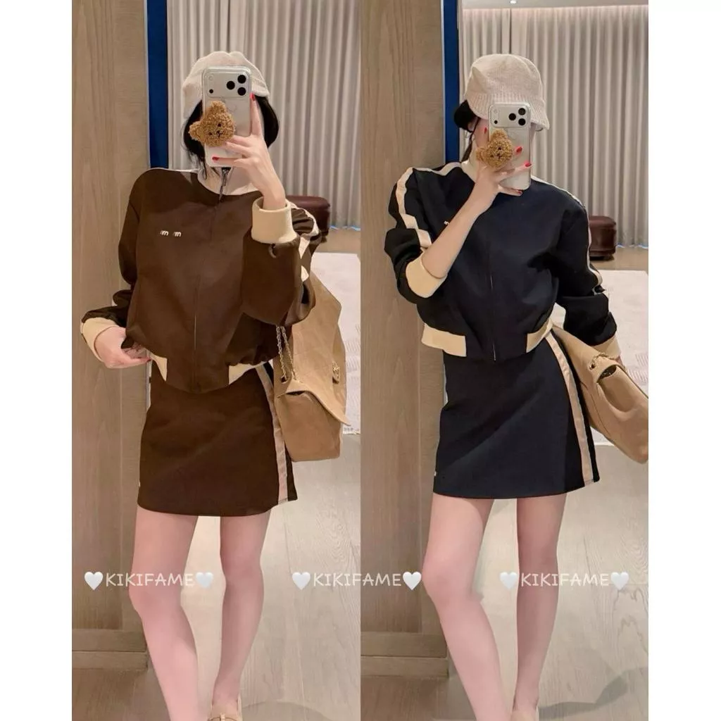 【𝐊𝐈𝐊𝐈𝐅𝐀𝐌𝐄】𝒎*𝒖.復古千金👡☕️🤎字母刺繡撞色立領外套+A字短裙套裝 兩件套 撞色外套 夾克 撞色短裙 刺繡裙
