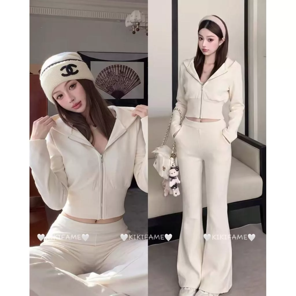 【𝐊𝐈𝐊𝐈𝐅𝐀𝐌𝐄】香軟小蛋糕🍰🫧🧴奶杏色收腰連帽外套+微喇長褲 兩件套 衛衣外套 短版外套 休閒長褲 杏色長褲 喇叭褲