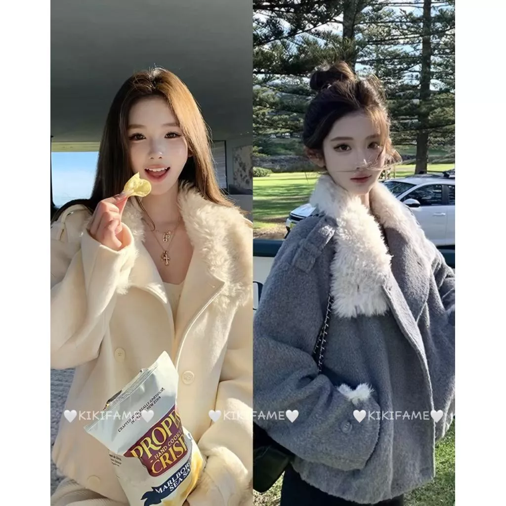 【𝐊𝐈𝐊𝐈𝐅𝐀𝐌𝐄】冬日暮雪⛄️🌟🩶氛圍感毛領拼接毛呢外套 毛領外套 翻領外套 雙排扣外套 大衣 保暖外套 寬鬆外套