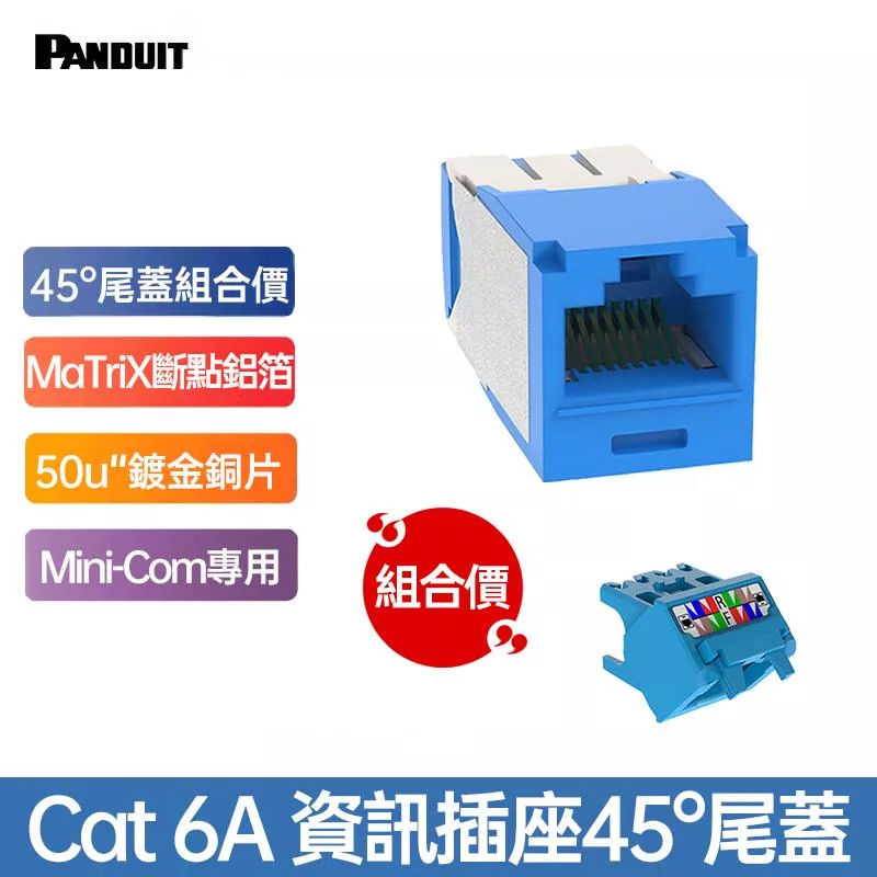 PANDUIT Cat 6A UTP 無遮蔽式資訊插座 ＋ 45°尾蓋 套裝組 - CJ6X88TG+CJUDCAPBU-X