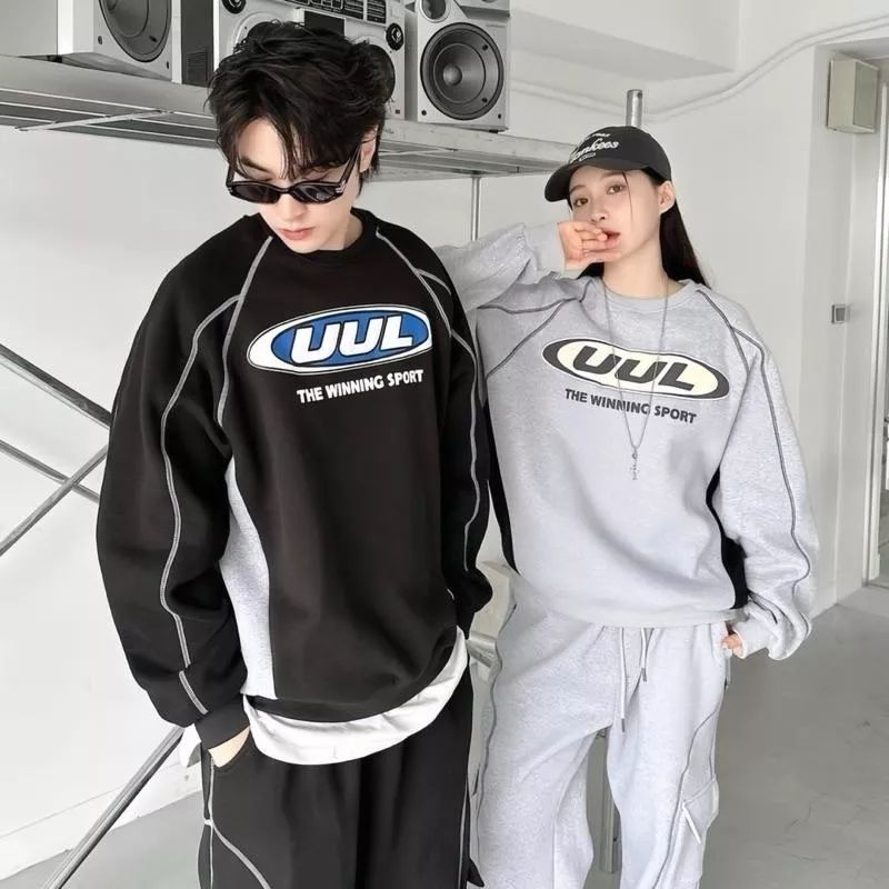 爆款套裝🫶🏻UUL 質感立體發泡印花 反車線 撞色拼接設計 厚磅純棉 刷毛 圓領長袖大學T