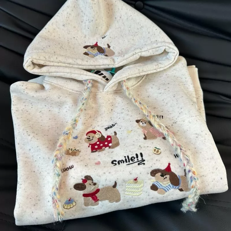 日系 甜美可愛 小狗狗 蛋糕 刺繡款 繽紛彩點 純棉 加絨 連帽長袖帽T