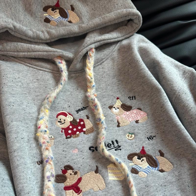 日系 甜美可愛 小狗狗 蛋糕 刺繡款 繽紛彩點 純棉 加絨 連帽長袖帽T