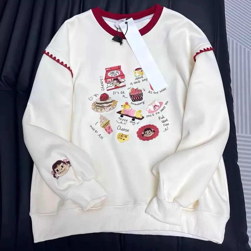 溫柔可愛 奶油妹 甜點刺繡 紅色拼接領 純棉 圓領長袖大學T