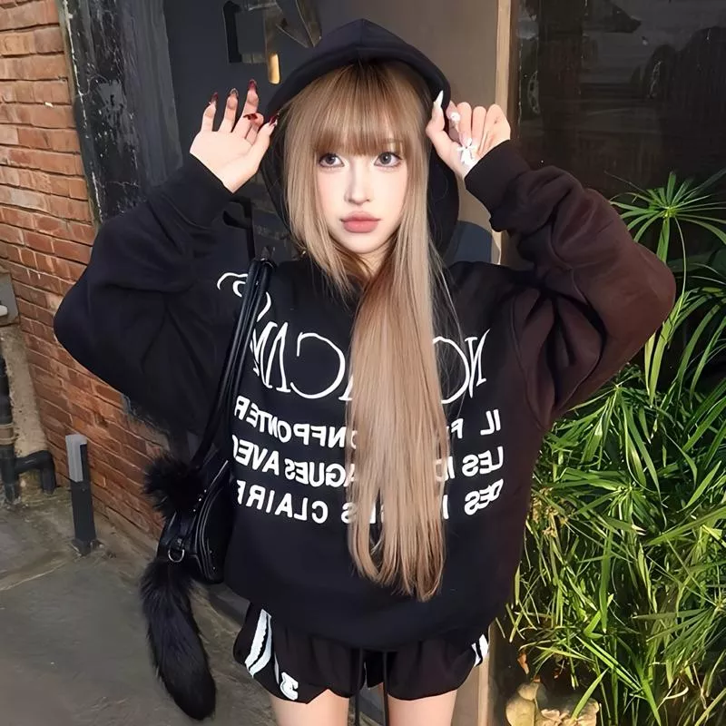 美式復古風 NOVACAM 黑白撞色 字母標語印花 純棉 連帽長袖帽T