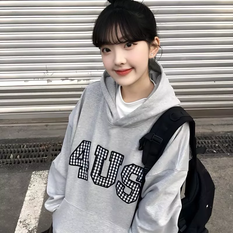 美式復古風 4US 黑白格紋字母 印花 純棉 連帽長袖帽T