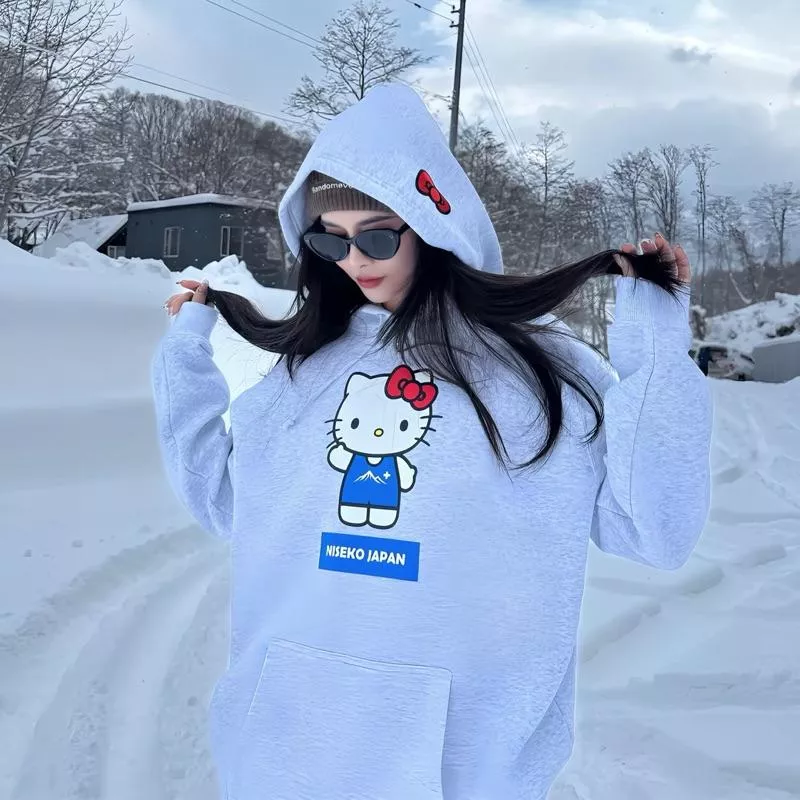 美式復古風 可愛凱蒂貓 字母標語 山印花 純棉 連帽長袖帽T