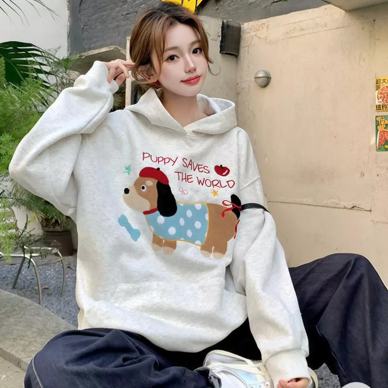 美式復古風 可愛臘腸狗 繽紛植絨刺繡款 純棉 連帽長袖帽T