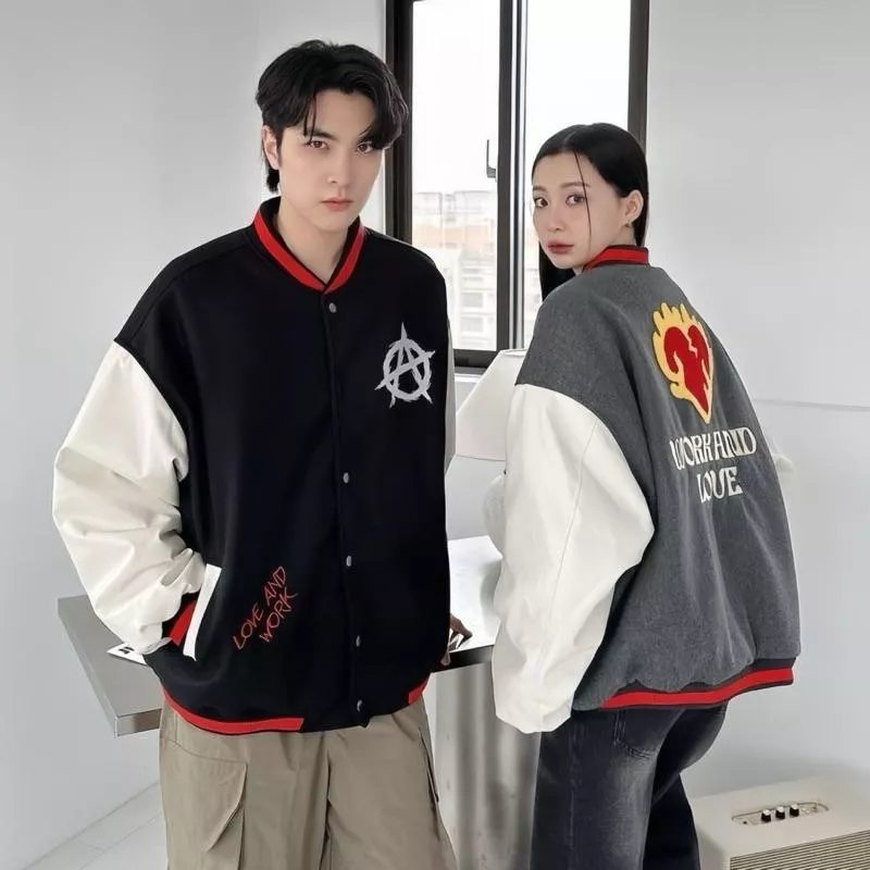 爆款推薦!! LOVE 火焰愛心 植絨刺繡 質感拼接皮革袖 棒球外套