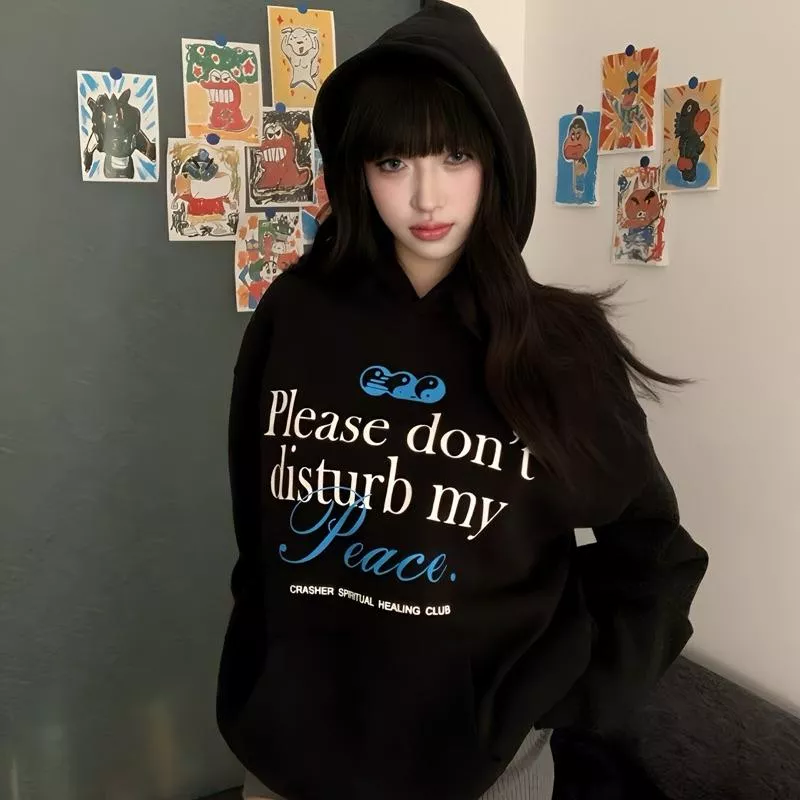 美式復古風 字母標語 個性太極圖標 印花 純棉 連帽長袖帽T