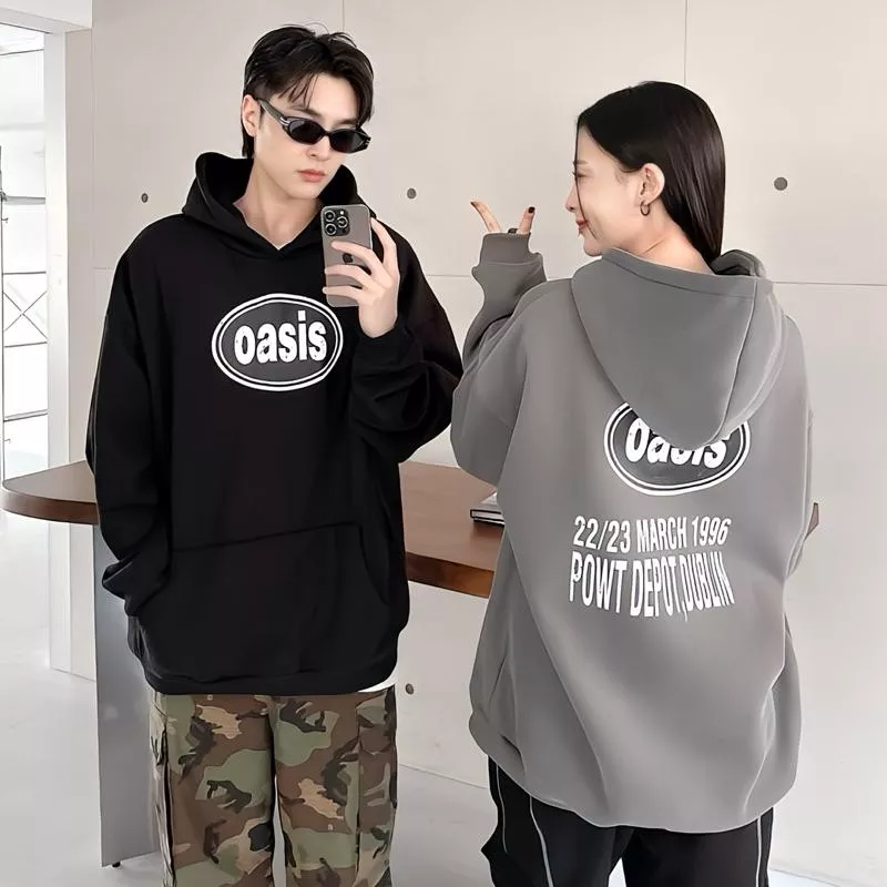 美式復古風 OASIS 仿舊斑駁字母印花 厚磅純棉 刷毛 連帽長袖帽T