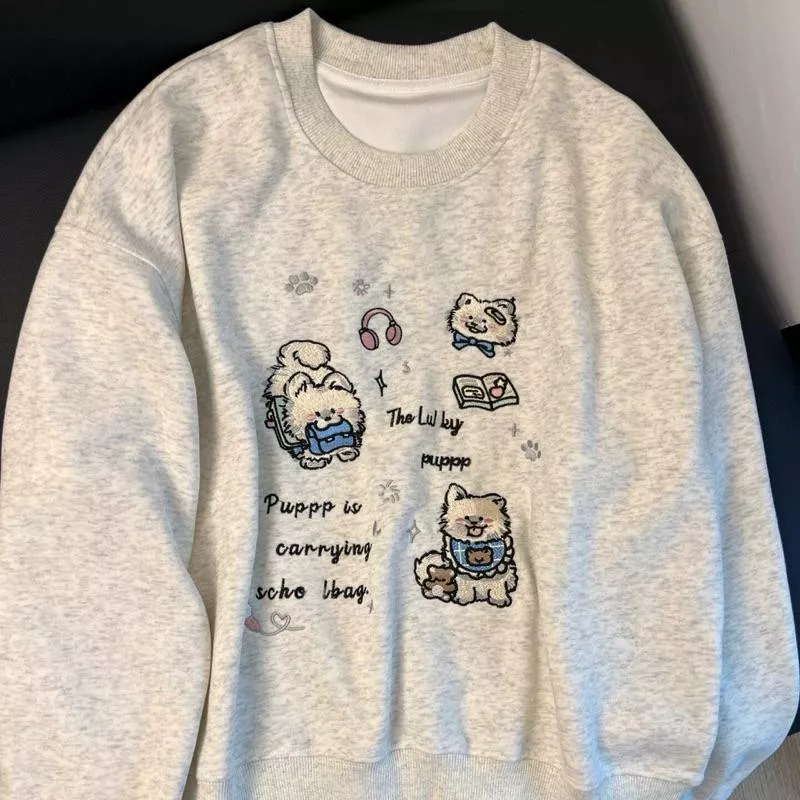 日系 溫柔甜美 可愛快樂小狗 刺繡款 純棉 圓領長袖大學T