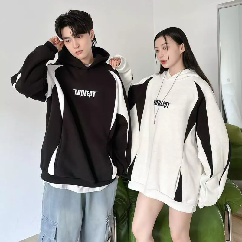 美式街頭風 CONCEPT 字母標語印花 撞色拼接設計感 厚磅純棉 刷毛 連帽長袖帽T（有口袋）