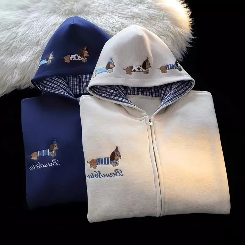 美式復古風 可愛臘腸狗 睡衣派對 刺繡款 格紋拼接設計 假兩件式 純棉 加絨 連帽長袖外套