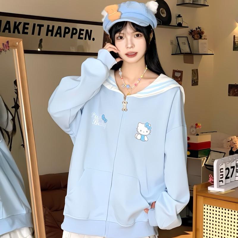 閨蜜裝首選ᙏ̤̫͚ ♡゛日系 甜美風 可愛凱蒂貓 蝴蝶結 印花款 純棉 海軍領 長袖外套